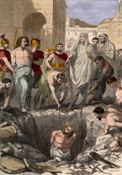 Galos enterrados por los romanos - Grabado del siglo XIX en "Historia Nacional ilustrada de Francia desde los tiempos más remotos hasta el presente" 1876 - Colección privada de Anonymous Anonymous