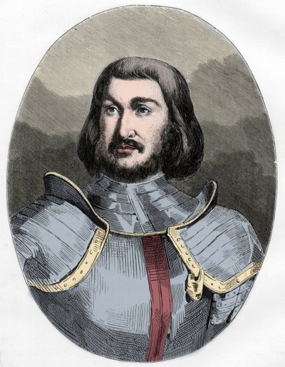 Gilles de Laval, Señor de Rais (1404-1440) - Retrato de Gilles de Rais (Retz o Rays) (1404-1440), compañero de armas de Juana de Arco - Grabado de 1863 en “The Red Book - Histoire De L