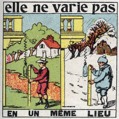Granulidad: no varía en un lugar. Un niño midiendo la gravedad con un resorte en el mismo lugar en verano e invierno. Ilustración anónima de 1925. Colección privada. de Anonymous Anonymous