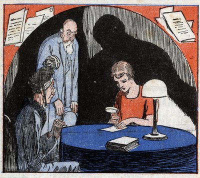 Grafología: un grafólogo, consultado por una pareja de ancianos, lee con una lupa la escritura manuscrita de un individuo para deducir características psicológicas. Grabado en 