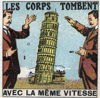 Gravedad: los cuerpos caen con la misma velocidad. Uso de la Torre de Pisa para ilustrar las leyes de la caída de los cuerpos. Ilustración anónima de 1925. Colección privada. de Anonymous Anonymous