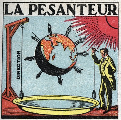 Gravedad: la dirección de la gravedad es la del hilo de plomo, es perpendicular a la superficie de las aguas quietas, la vertical. En dos puntos alejados de la Tierra, se puede decir que dos hilos de plomo son paralelos. Ilustración anónima de 1925. Colecc de Anonymous Anonymous