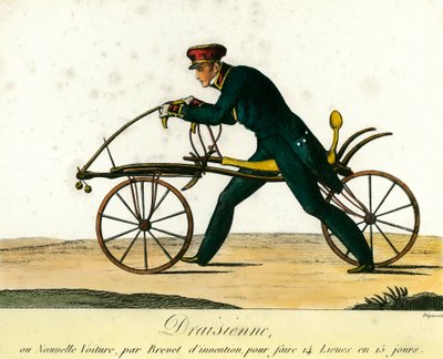 Historia de la bicicleta: la draisiana, un coche muy popular alrededor de 1818. Grabado de 1818. Colección privada de Anonymous Anonymous