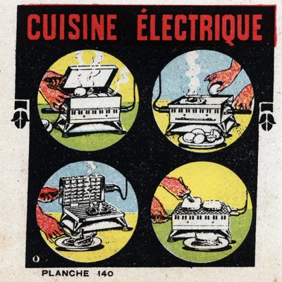 Usos domésticos de la electricidad: cocina eléctrica con parrilla. Ilustración anónima de 1925. Colección privada. de Anonymous Anonymous
