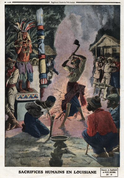 Sacrificios humanos en Luisiana. Grabado en 