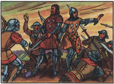 Guerra de los Cien Años: el rey de Francia Juan II el Bueno (1319-1364) fue hecho prisionero por los ingleses en la Batalla de Poitiers el 19/09/1356. Ilustración anónima en 