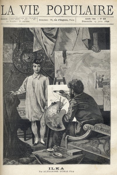 En un taller, un joven modelo en camisa y calcetín con un pequeño sombrero de plumas, posa para un pintor, se instala en su caballete, sosteniendo su paleta y pinceles, aplica a su boceto. Ilustración de Alfons Maria Mucha (Alphonse Marie Mucha) de Anonymous Anonymous