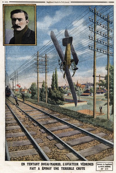 En tentador Douai - Madrid, el aviador Jules Vedrines (1881-1919) hizo una terrible caída en Epinay. Grabado en 