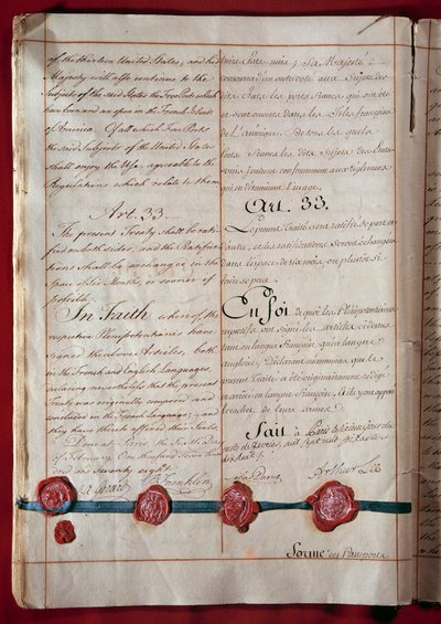 Independencia de los Estados Unidos: comercio de amistad y comercio entre Francia y Estados Unidos (representado por Benjamin Franklin) data de febrero de 1778 en ambos idiomas. 1778 París, Ministerio de Asuntos Exteriores de Anonymous Anonymous