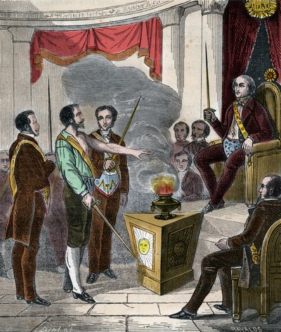 Iniciación de un Masón Francés en la hermandad - Recepción (Ceremonia) de un Francmasón - Grabado de 1879 en “Historia de las Sociedades Secretas, Políticas y Religiosas” por Pierre Zaccone (1817-1895) de Anonymous Anonymous