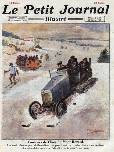 Innovación en los coches en las montañas, se colocan pistas en las ruedas para evitar derrapes. Ilustración tomada de “Le petit journal” del 27/02/1921. Colección privada de Anonymous Anonymous