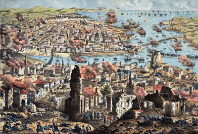 Interior de Sebastopol (Sebastopol), destrucción de la ciudad por los rusos, su retirada - Oficial de artillería desconocido - 1855 - Litografía en color - 51,3x68,4 - Colección privada de Anonymous Anonymous