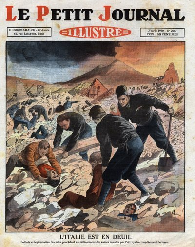 Italia está de luto: soldados y legionarios fascistas (camisas negras) proceden a desentrañar las ruinas causadas por el espantoso terremoto al este de Nápoles. Grabado. Uno del periódico “Le Petite Journal Illustrous”, el 3/08/1930. Colección privada de Anonymous Anonymous