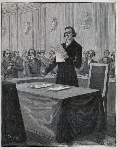 Jean Baptiste André Dumas (1800-1884) químico francés presenta a la Academia de Ciencias su informe sobre la invención de Ruolz y Elkington. Grabado de 1885 en "Les arts et metiers illustres" por Adolphe BITARD de Anonymous Anonymous