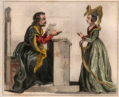 Jehan Pastoret (1328-1405), Presidente del Parlamento de París bajo el reinado de Carlos V con una mujer noble, usando un liripion. Grabado de 1859 en “Le Monde. Historia de todos los pueblos desde los tiempos más remotos hasta el presente” por M. E. de Lo de Anonymous Anonymous