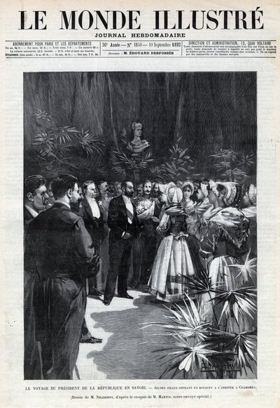 Viaje de Sadi Carnot (1837-1894) a Saboya: el Presidente de la República es recibido en Chambery por niñas que le ofrecen un ramo de flores. Grabado en 