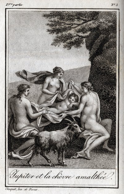 Júpiter niño alimentado por la cabra Amaltea. Grabado de 1819 en “Lettres a Emilie sur la mythologie” de Charles Albert Demoustier (1760-1801). Colección privada. de Anonymous Anonymous
