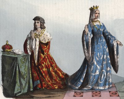 Rey Enrique VI de Inglaterra y su Reina Consorte Margarita de Anjou - Enrique VI de Inglaterra (1421 - 1471) y Margarita de Anjou (1429 - 1482) - grabado de “Usi e Costumi di Tutti i Popoli dell