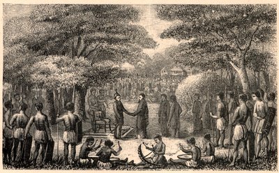 El rey Lebuschi recibe a Henri Depelchin (1822-1900), misionero jesuita y primer superior de la misión del Alto Zambeze en África. Grabado en “Les Missions Catholiques au XIXeme Siecle” de Louis-Eugene Louvet. Colección privada. de Anonymous Anonymous