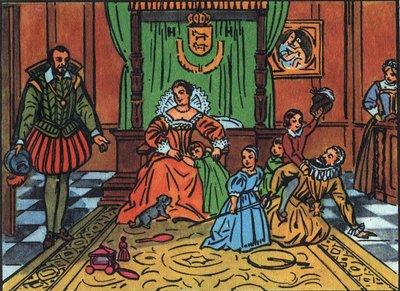 Rey de Francia Enrique IV (1553-1610) jugando con sus hijos frente al embajador español. En el centro, la reina María de Médicis, los niños son Luis XIII, Isabel de Francia, Cristina de Francia y Nicolás. Ilustración anónima en 