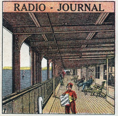 La T.S.F.: radio - periódico. Vendedor de periódicos en un transatlántico. Ilustración anónima de 1925. Colección privada. de Anonymous Anonymous