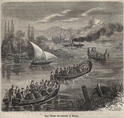 El bagne de Toulon - una cadena descendiendo el Ródano - Grabado en “Histoire des bagnes depuis leur création à nos jours” (1877) por Pierre Zaccone (1817-1895) de Anonymous Anonymous