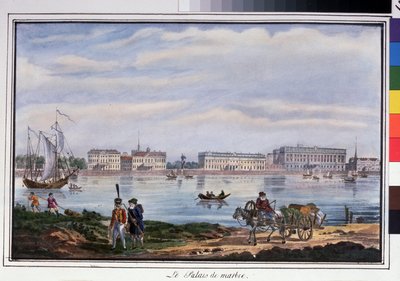 El Palacio de Mármol y el Terraplén de Neva en San Petersburgo. Litografía anónima, coloreada a la acuarela, 22 x 32 cm de Anonymous Anonymous