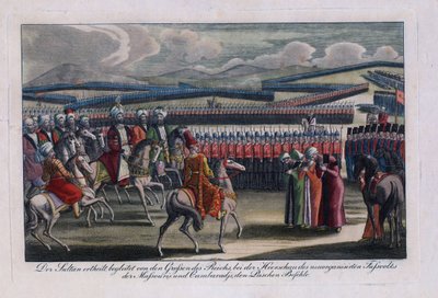 ""El sultán otomano Selim III (1761-1808) revisando su nueva infantería"" Grabado anónimo 1806 Colección privada de Anonymous Anonymous