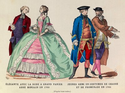 Izquierda: Elegante con un gran vestido de cesta, abate mundano en 1760 / Derecha: Jóvenes en traje de caza y paseo en 1760 (reinado del rey Luis XV) - colección privada de Anonymous Anonymous