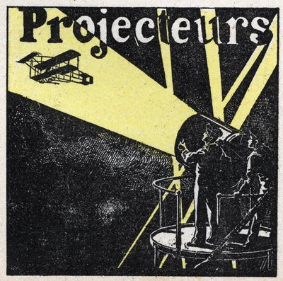 Reflexión de la luz: focos utilizados para detectar un avión en el cielo nocturno. Ilustración anónima de 1925. Colección privada. de Anonymous Anonymous