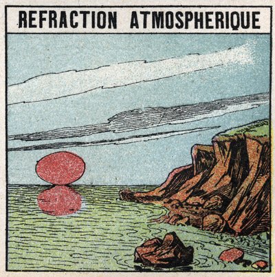 Refracción de la luz: la refracción atmosférica da la ilusión de que el sol es más grande al amanecer o al atardecer que en el cenit. Ilustración anónima de 1925. Colección privada. de Anonymous Anonymous