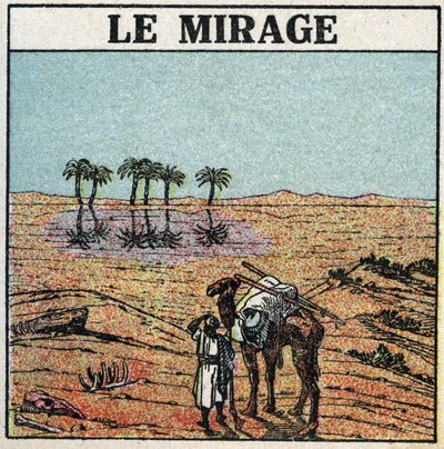 Refracción de la luz: espejismo. La refracción atmosférica da la ilusión de un oasis apareciendo en un desierto. Ilustración anónima de 1925. Colección privada. de Anonymous Anonymous