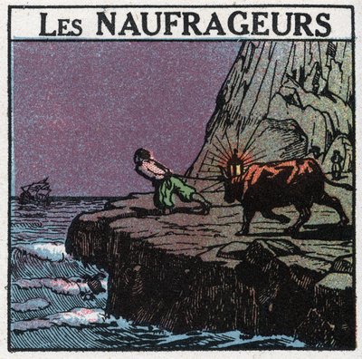 Señales luminosas: los naufragios. Un hombre cuelga una linterna entre los cuernos de una vaca y camina por la costa para hacer creer a los barcos que aún están lejos de las rocas y así provocar su hundimiento para recuperar los restos. Ilustración anónima de Anonymous Anonymous