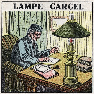 Fuentes de luz: lámpara Carcel, inventada por Guillaume Carcel (1750-1812) y usando aceite vegetal. Ilustración anónima de 1925. Colección privada de Anonymous Anonymous