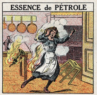 Fuentes de luz: una mujer se incendia mientras manipula una lámpara de petróleo. Ilustración anónima de 1925. Colección privada. de Anonymous Anonymous