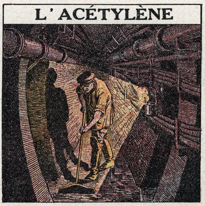 Fuentes de luz: iluminación por acetileno usada en tambores. Ilustración anónima de 1925. Colección privada. de Anonymous Anonymous