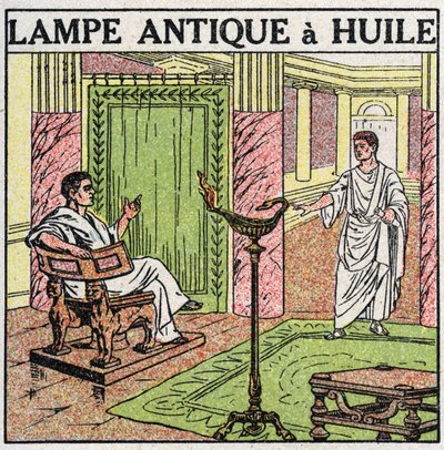 Fuentes de luz: lámpara de aceite utilizada en la Antigüedad. Ilustración anónima de 1925. Colección privada. de Anonymous Anonymous