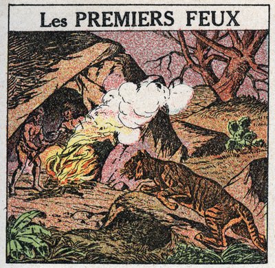 Fuentes de luz: los primeros fuegos de los hombres prehistóricos. Ilustración anónima de 1925. Colección privada. de Anonymous Anonymous