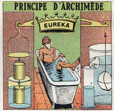 Equilibrio de líquidos: principio de Arquímedes (empujando cuerpos en el agua). Mientras tomaba su baño, Arquímedes de Siracusa (287 a.C.-212 a.C.) notó que su pierna pesaba más fuera del agua que dentro del agua y gritó “¡Eureka!”. Ilustración anónima de  de Anonymous Anonymous