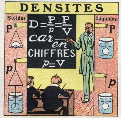 Equilibrio de líquidos: un maestro enseñando densidad sólida y densidad líquida a estudiantes en un aula. Ilustración anónima de 1925. Colección privada. de Anonymous Anonymous
