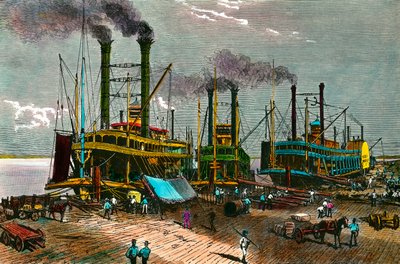 Cargando algodón en barcos de vapor en el Mississippi para Nueva Orleans. Grabado del siglo XIX. Colección privada de Anonymous Anonymous