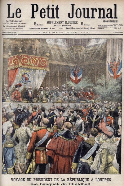 Londres, Gran Bretaña. Viaje del Presidente Loubet. Recepción en el Guildhall por Sir Marcus Samuel. Le Petit Journal, julio de 1903 (grabado) de Anonymous Anonymous