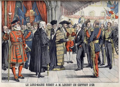 Londres, Gran Bretaña. Sir Marcus Samuel presenta al Presidente Emile Loubet una caja de oro después de la recepción en el Guildhall. Le Petit Journal, julio de 1903 de Anonymous Anonymous