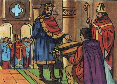 Luis I el Piadoso o el Benigno (778-840) recuperando la posesión de su espada confiscada por el clero. Ilustración anónima en “Collection des souverains et chefs d
