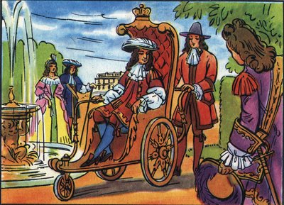 Luis XIV en el paseo, el Rey de Francia Luis XIV (1638-1715), sentado en una silla de ruedas, paseando en el parque de Versalles. Ilustración anónima en 