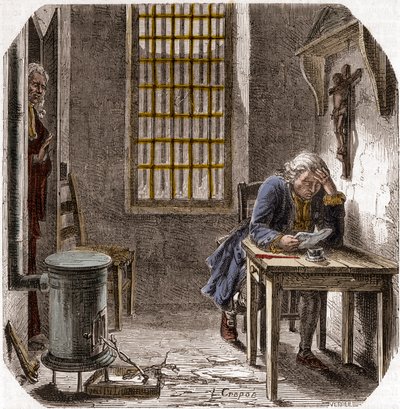 Luis XVI (1754-93) leyendo su última voluntad y testamento en el Templo 1792 - Luis XVI leyendo su testamento en la torre del Templo el 25 de diciembre de 1792 - Grabado en 