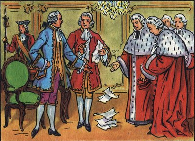 Luis XV (1710-1774), rey de Francia, derriba las decisiones del parlamento. Ilustración anónima en “Collection des souverains et chefs d