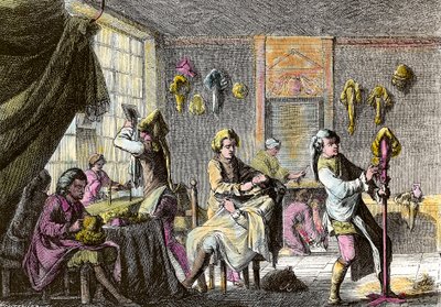 Moda de Luis XV: vista del interior de una peluquería de pelucas. Grabado alrededor de 1755. Colección privada de Anonymous Anonymous