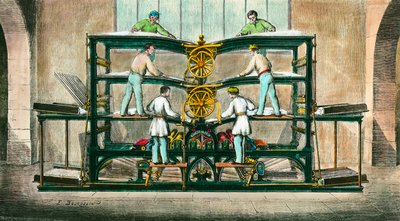 Máquina para imprimir el pequeño periódico inventada por Hippolyte-Auguste Marinoni (1823-1904). Inventó una prensa rotativa en 1866. Grabado de 1868. Colección privada de Anonymous Anonymous