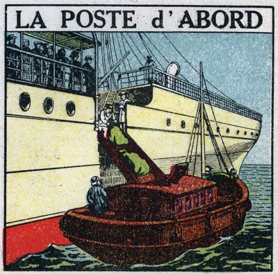 Correo: barco entregando correo a bordo de un transatlántico. Ilustración anónima de 1925. Colección privada. de Anonymous Anonymous